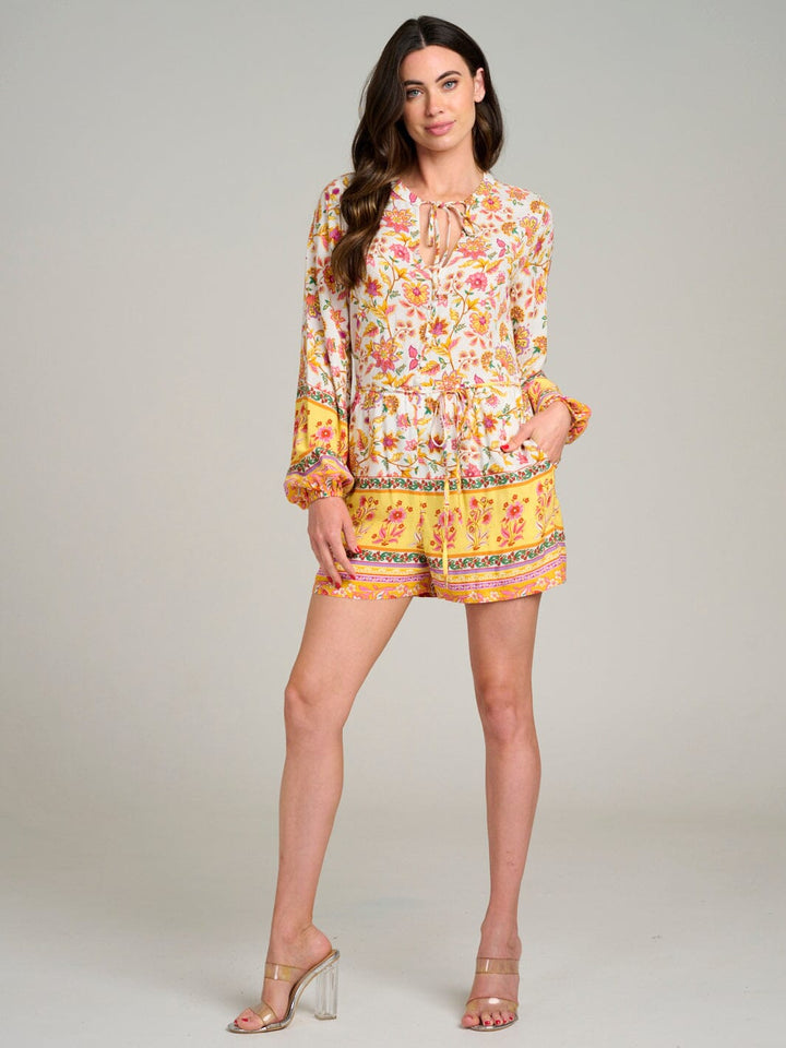 WOMEN'S LONG SLEEVE BUTTON UP FRONT POCKETS FLORAL ROMPER