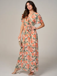 WOMEN'S SHORT SLEEVE SURPLICE ELASTIC WAIST FLORAL MAXI DRESS