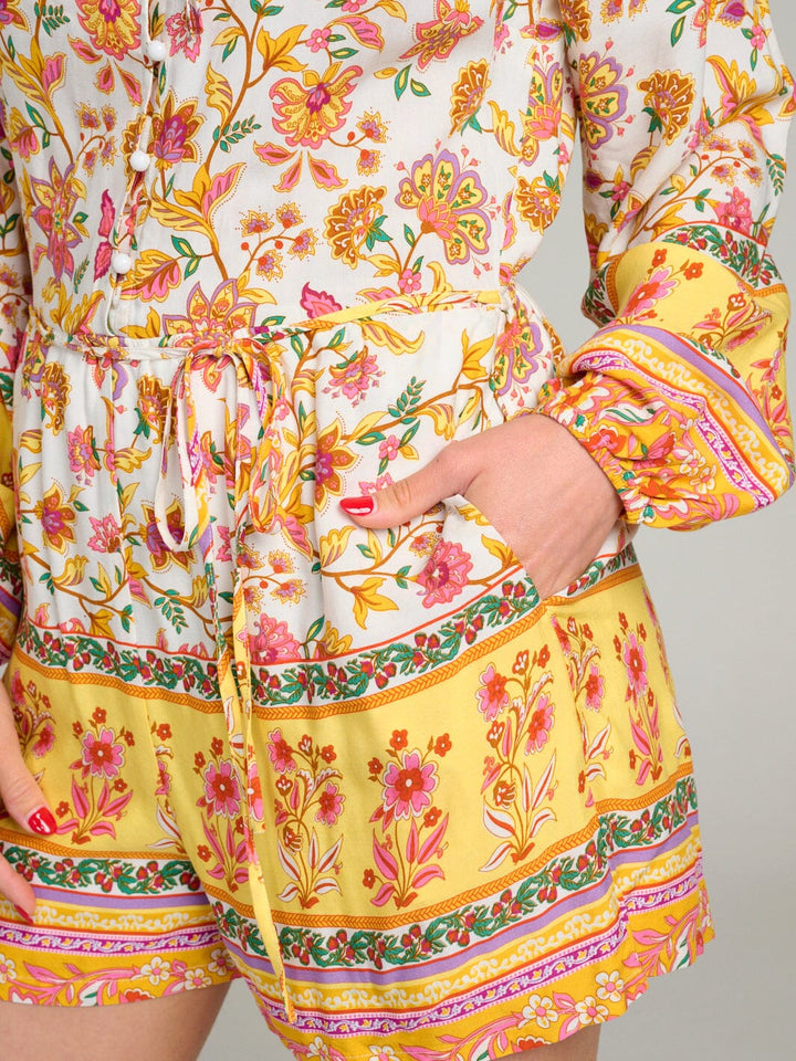 WOMEN'S LONG SLEEVE BUTTON UP FRONT POCKETS FLORAL ROMPER