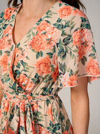 WOMEN'S SHORT SLEEVE SURPLICE ELASTIC WAIST FLORAL MAXI DRESS