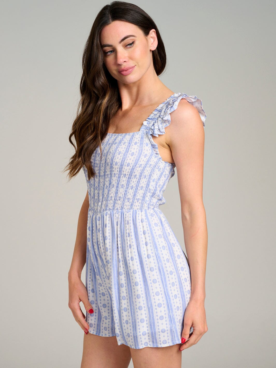 WOMEN'S SLEEVELESS ELASTIC WAIST MULTI STRIPES SMOCK ROMPER