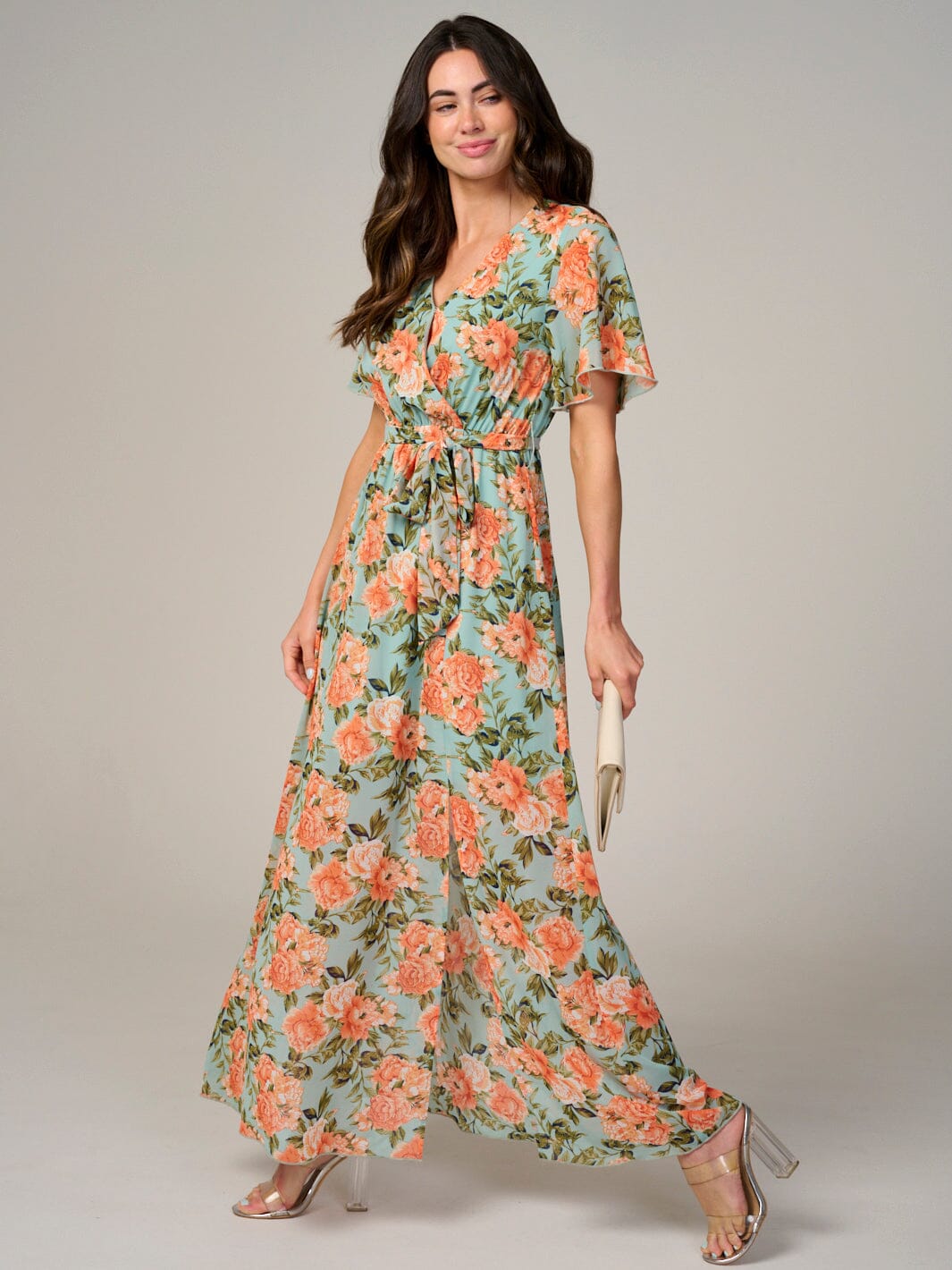 WOMEN'S SHORT SLEEVE SURPLICE ELASTIC WAIST FLORAL MAXI DRESS