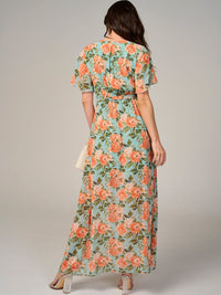 WOMEN'S SHORT SLEEVE SURPLICE ELASTIC WAIST FLORAL MAXI DRESS