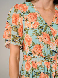 WOMEN'S SHORT SLEEVE SURPLICE ELASTIC WAIST FLORAL MAXI DRESS