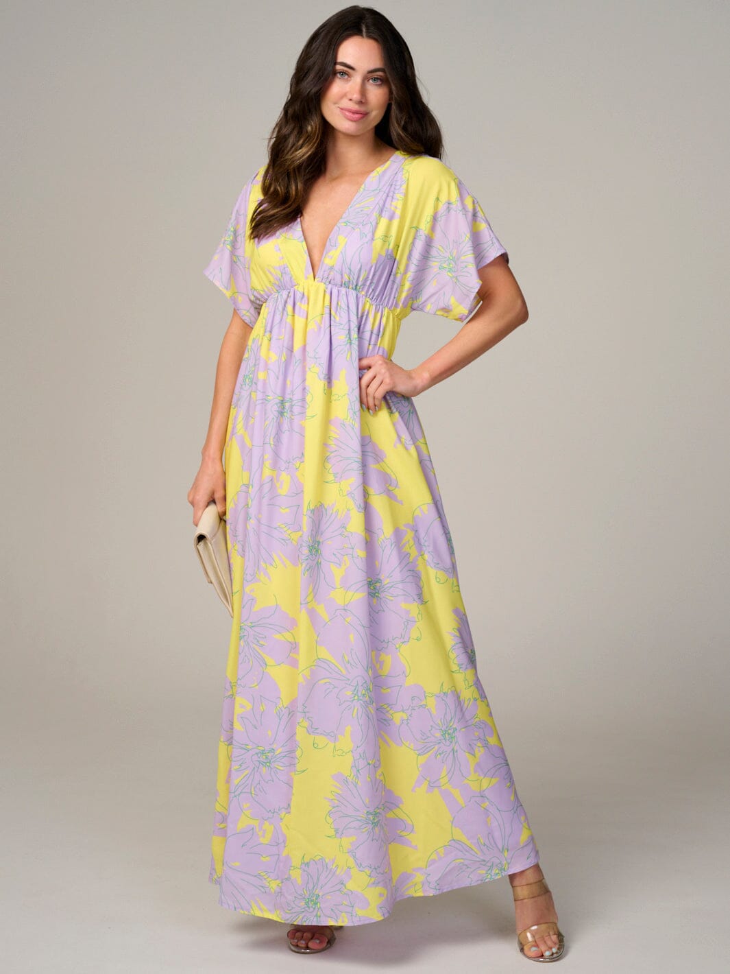 WOMEN'S SHORT SLEEVE V-NECK OPEN BACK FLORAL MAXI DRESS