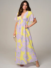 WOMEN'S SHORT SLEEVE V-NECK OPEN BACK FLORAL MAXI DRESS