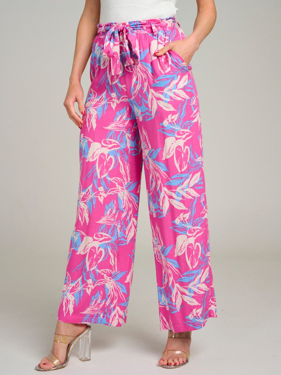 WOMEN'S ELASTIC WAIST FRONT POCKETS FLORAL WIDE LEG PANTS