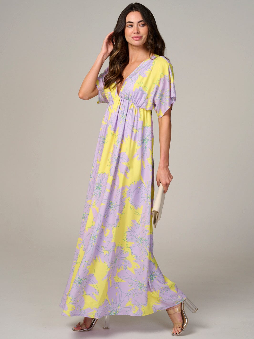 WOMEN'S SHORT SLEEVE V-NECK OPEN BACK FLORAL MAXI DRESS