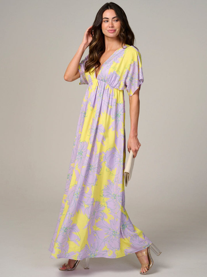 WOMEN'S SHORT SLEEVE V-NECK OPEN BACK FLORAL MAXI DRESS