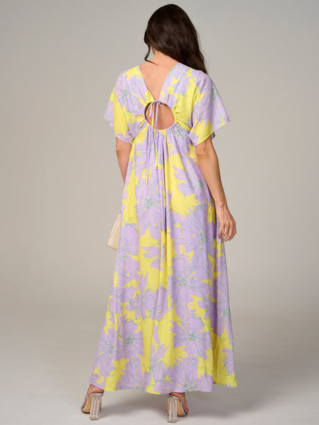 WOMEN'S SHORT SLEEVE V-NECK OPEN BACK FLORAL MAXI DRESS