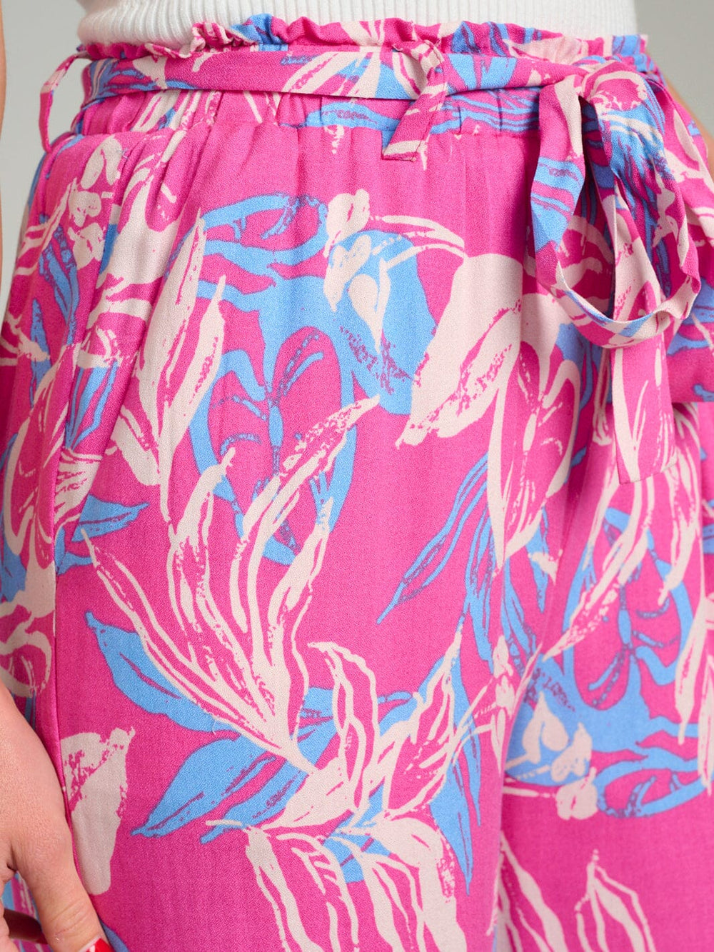 WOMEN'S ELASTIC WAIST FRONT POCKETS FLORAL WIDE LEG PANTS