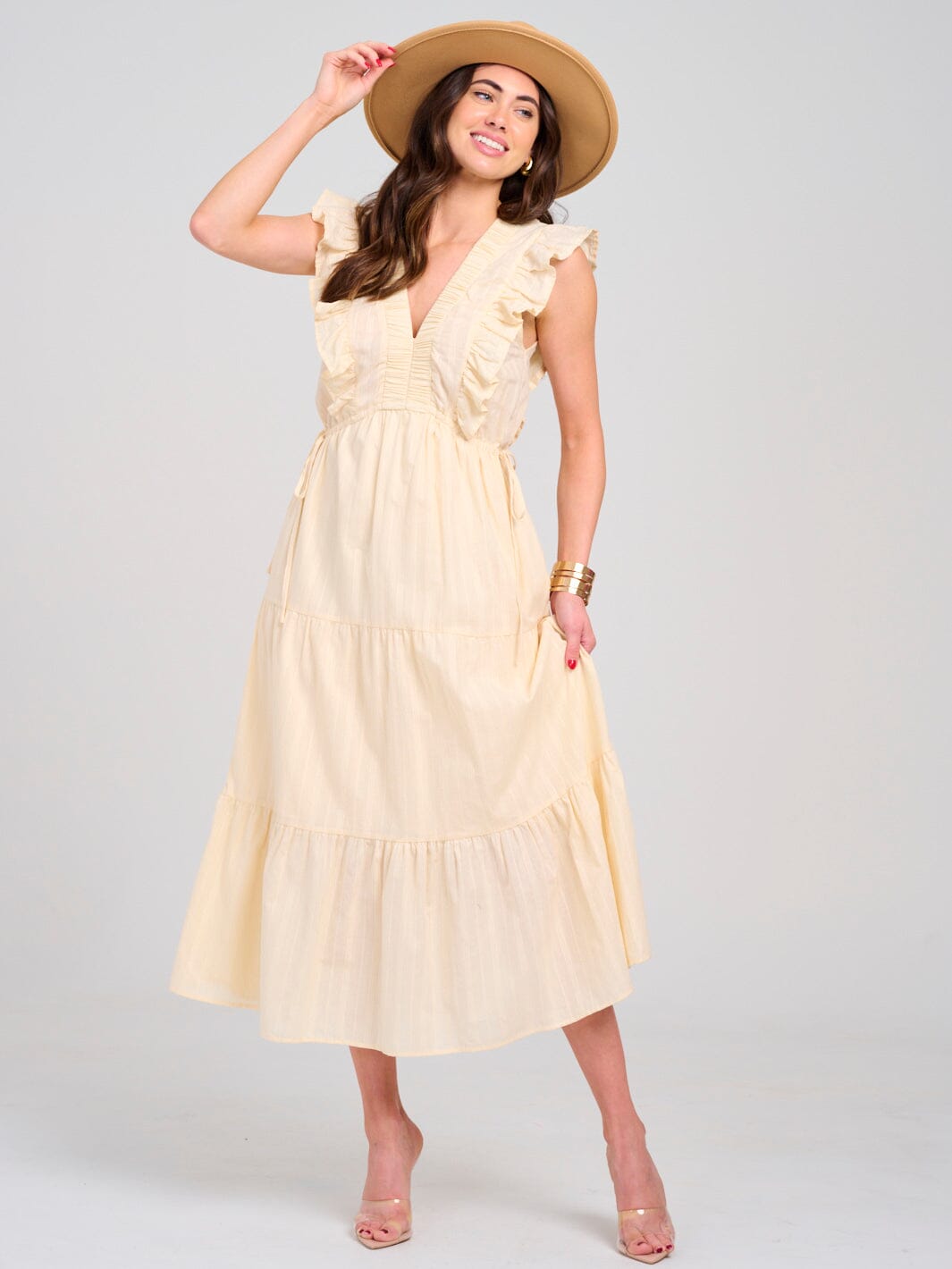 WOMEN'S SLEEVELESS V-NECK ADJUSTABLE WAIST POCKETS TIERED MAXI DRESS