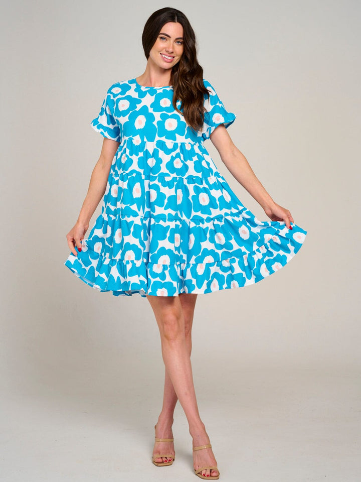 WOMEN'S SHORT SLEEVE TIERED LOOSE FIT FLORAL MINI DRESS