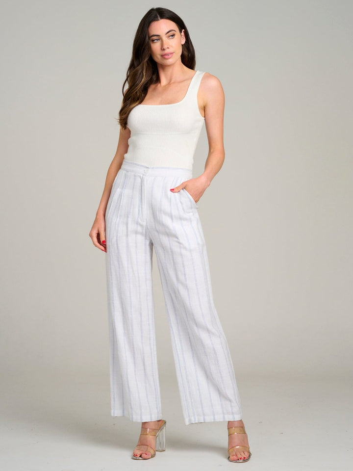 WOMEN'S BUTTON CLOSURE POCKETS STRIPES WIDE LEG PANTS
