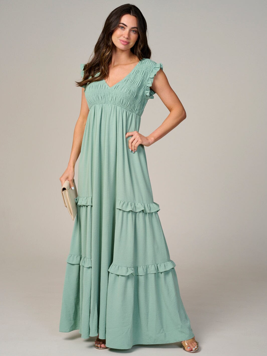 WOMEN'S RUFFLE SLEEVE V-NECK SMOCK TIERED MAXI DRESS