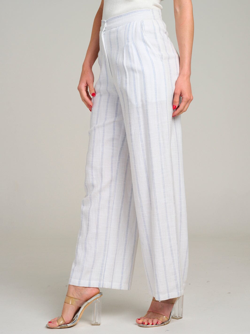 WOMEN'S BUTTON CLOSURE POCKETS STRIPES WIDE LEG PANTS