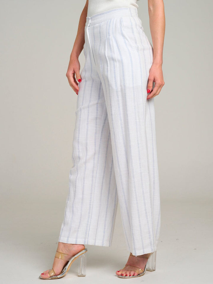 WOMEN'S BUTTON CLOSURE POCKETS STRIPES WIDE LEG PANTS