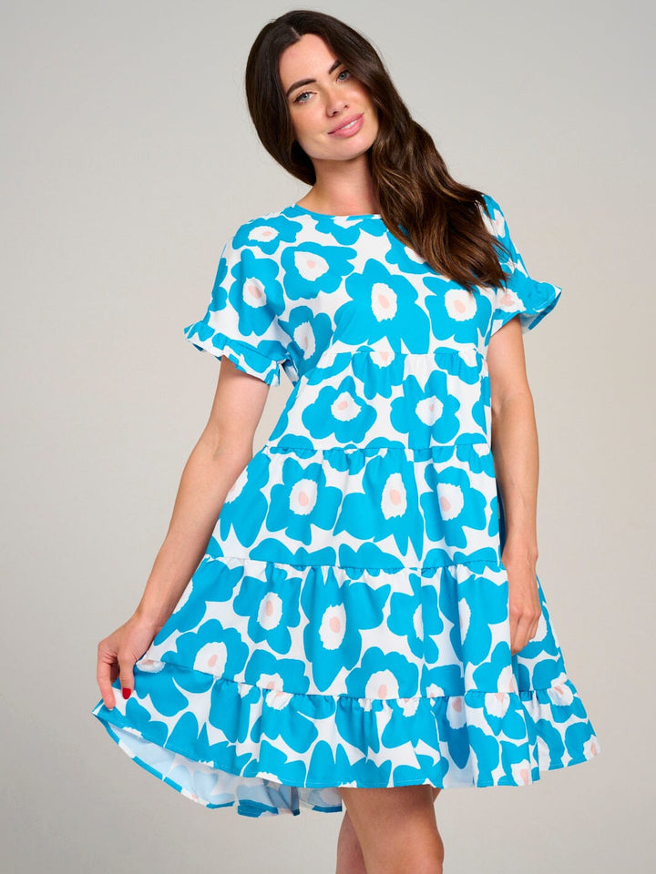 WOMEN'S SHORT SLEEVE TIERED LOOSE FIT FLORAL MINI DRESS