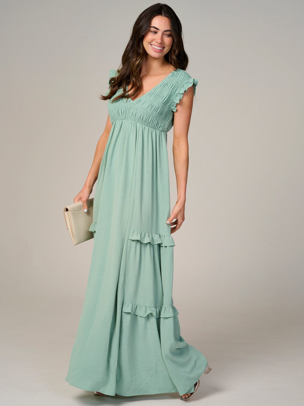 WOMEN'S RUFFLE SLEEVE V-NECK SMOCK TIERED MAXI DRESS