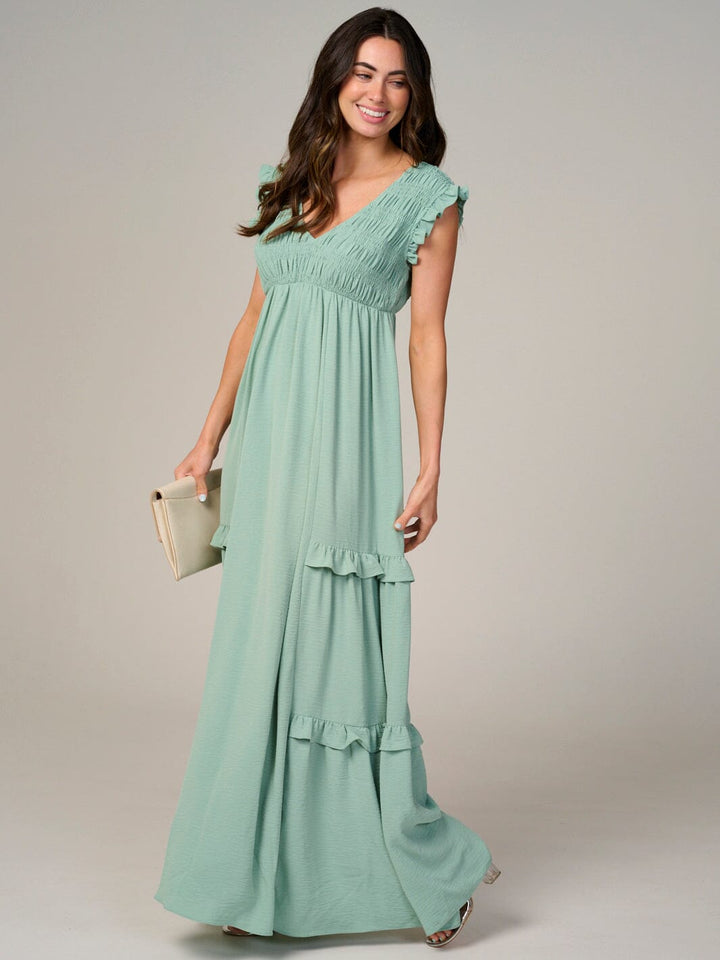 WOMEN'S RUFFLE SLEEVE V-NECK SMOCK TIERED MAXI DRESS