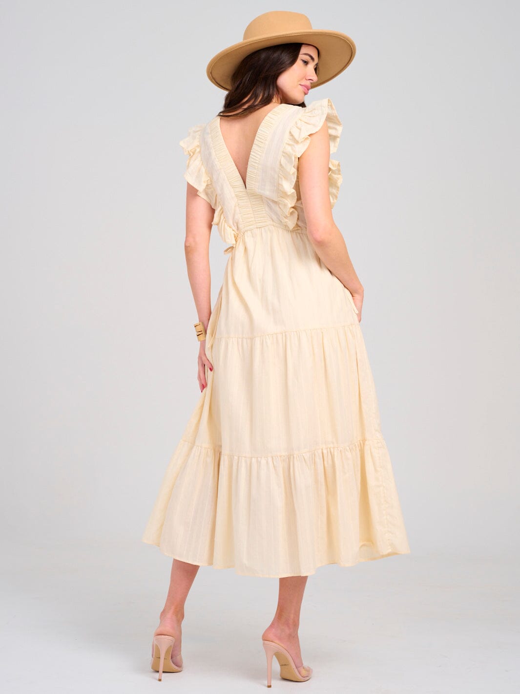 WOMEN'S SLEEVELESS V-NECK ADJUSTABLE WAIST POCKETS TIERED MAXI DRESS