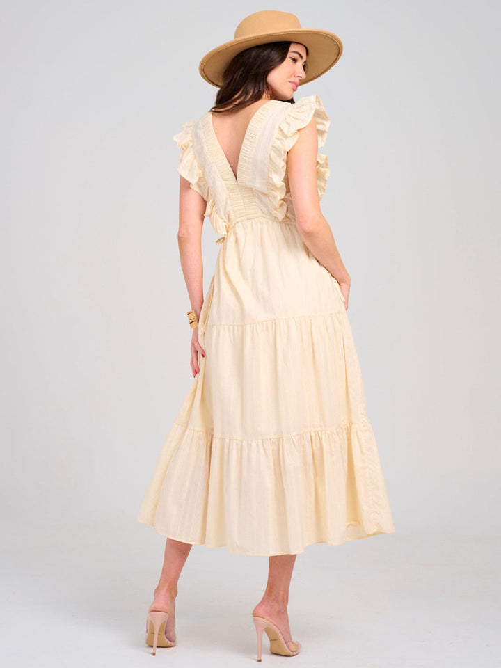 WOMEN'S SLEEVELESS V-NECK ADJUSTABLE WAIST POCKETS TIERED MAXI DRESS