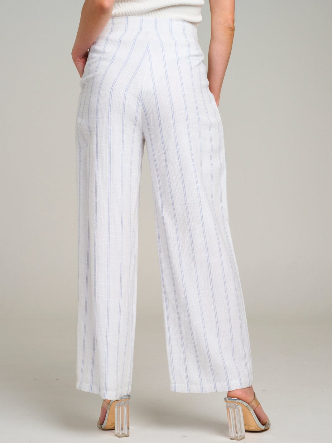 WOMEN'S BUTTON CLOSURE POCKETS STRIPES WIDE LEG PANTS