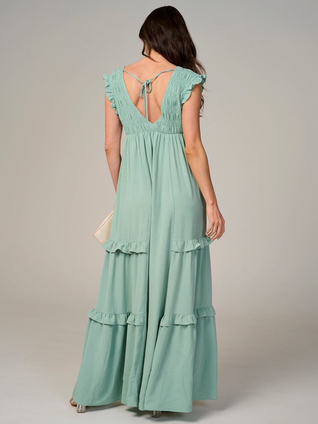 WOMEN'S RUFFLE SLEEVE V-NECK SMOCK TIERED MAXI DRESS