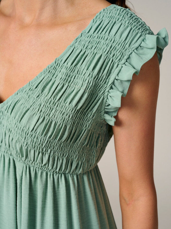 WOMEN'S RUFFLE SLEEVE V-NECK SMOCK TIERED MAXI DRESS