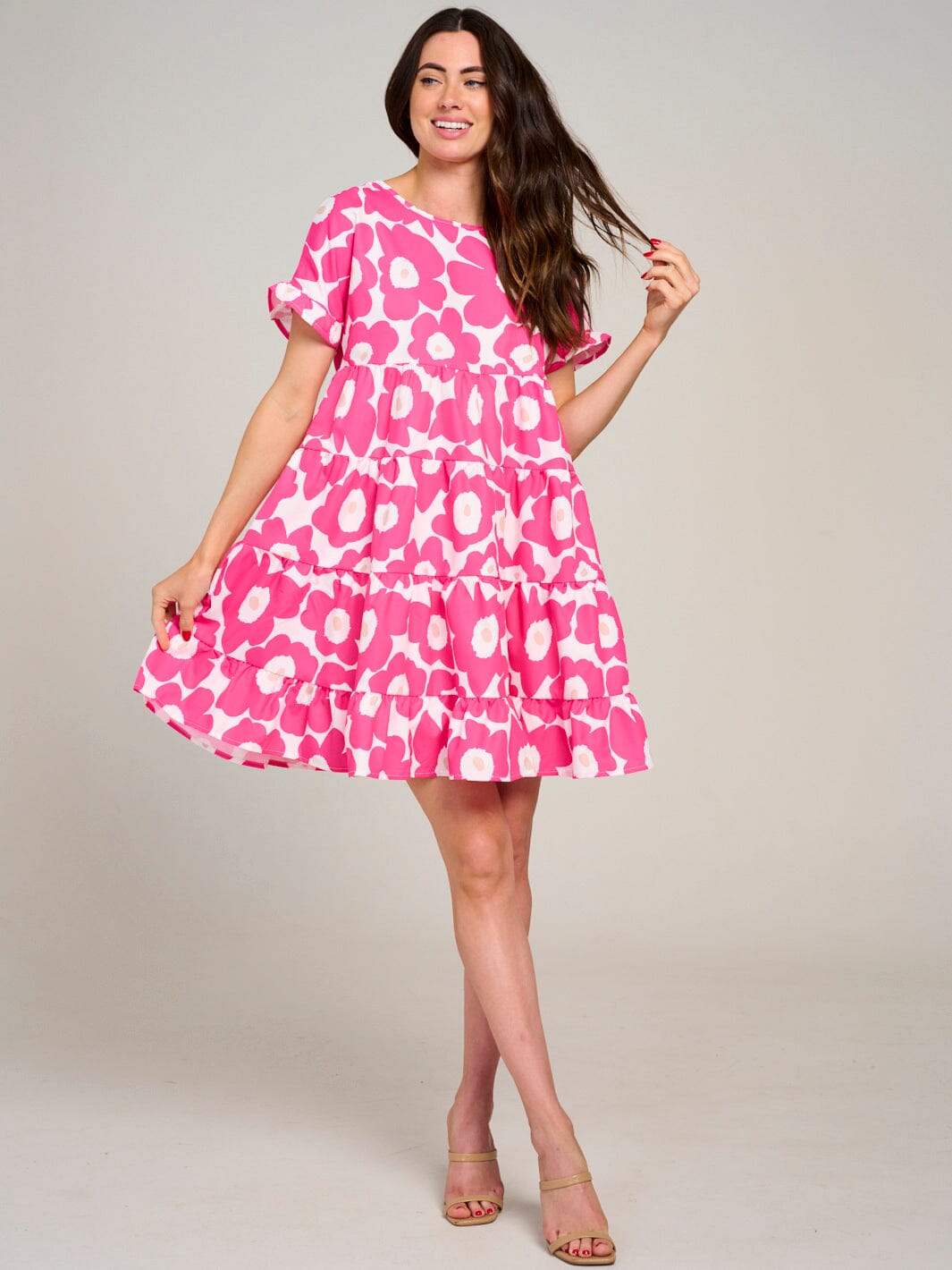 WOMEN'S SHORT SLEEVE TIERED LOOSE FIT FLORAL MINI DRESS