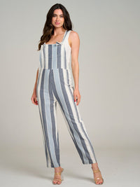 WOMEN'S SLEEVELESS POCKETS MULTI STRIPES WIDE LEG JUMPSUIT