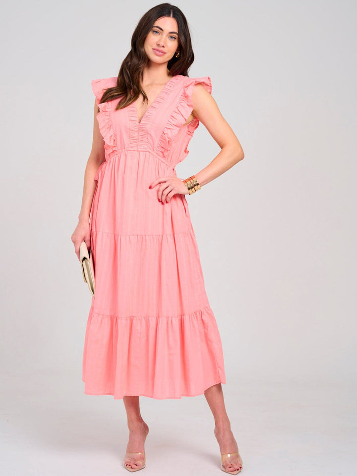 WOMEN'S SLEEVELESS V-NECK ADJUSTABLE WAIST POCKETS TIERED MAXI DRESS