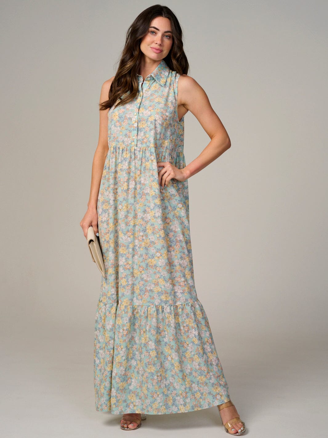 WOMEN'S SLEEVELESS BUTTON UP TIERED FLORAL MAXI DRESS