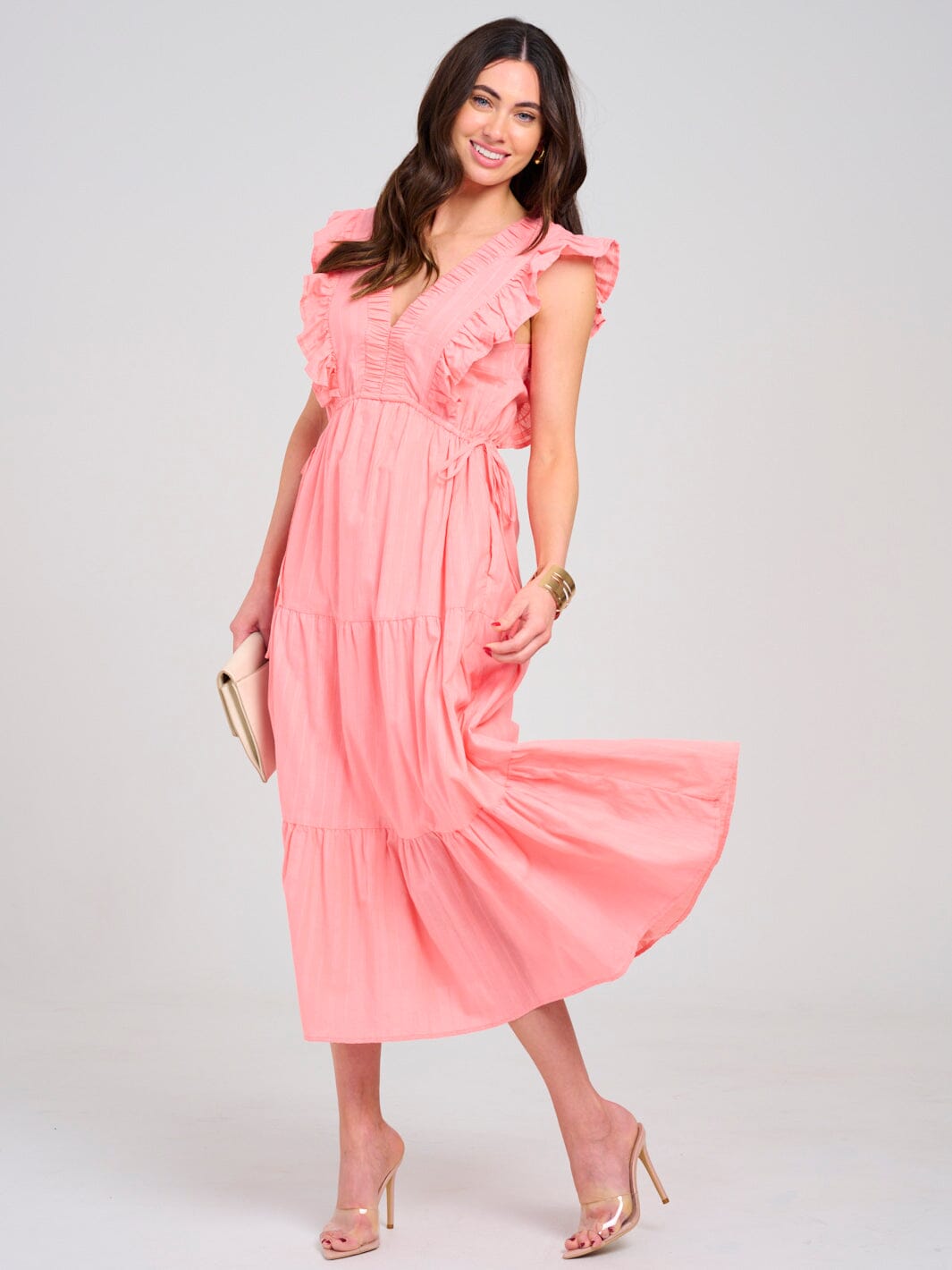 WOMEN'S SLEEVELESS V-NECK ADJUSTABLE WAIST POCKETS TIERED MAXI DRESS