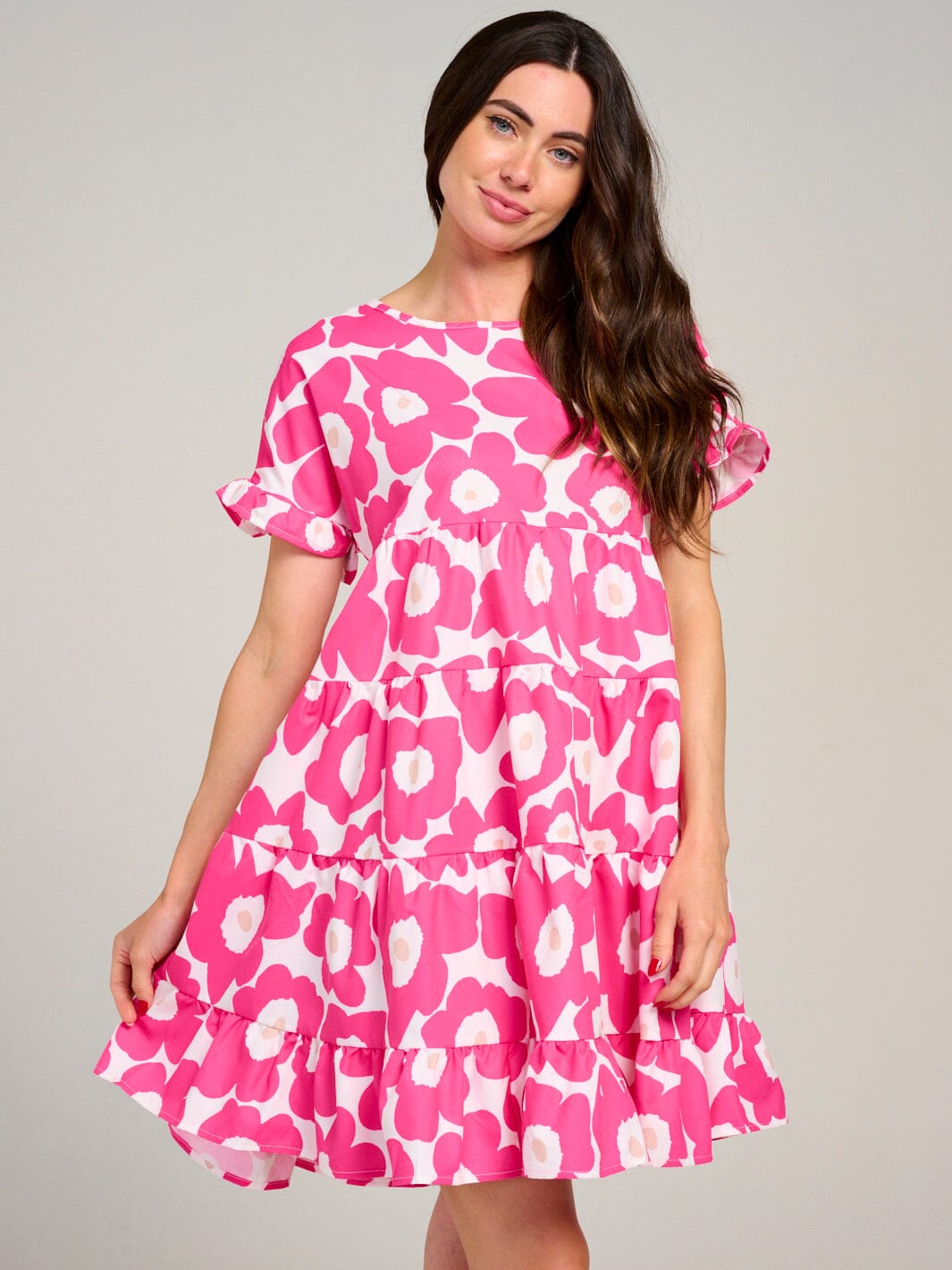 WOMEN'S SHORT SLEEVE TIERED LOOSE FIT FLORAL MINI DRESS