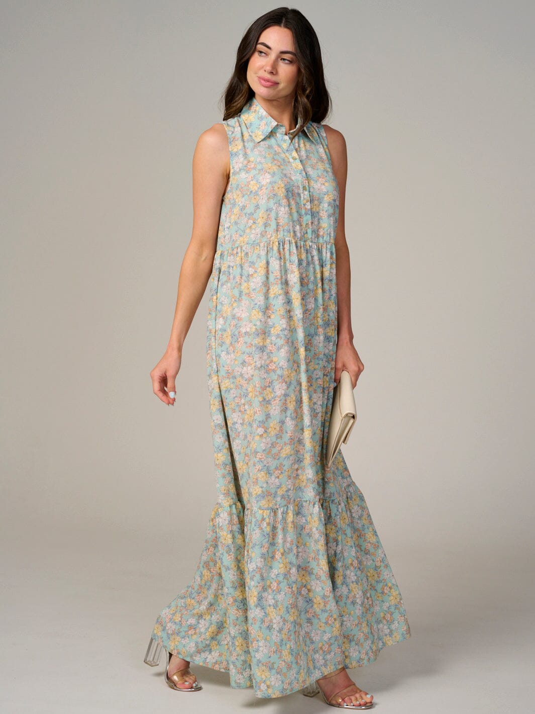 WOMEN'S SLEEVELESS BUTTON UP TIERED FLORAL MAXI DRESS