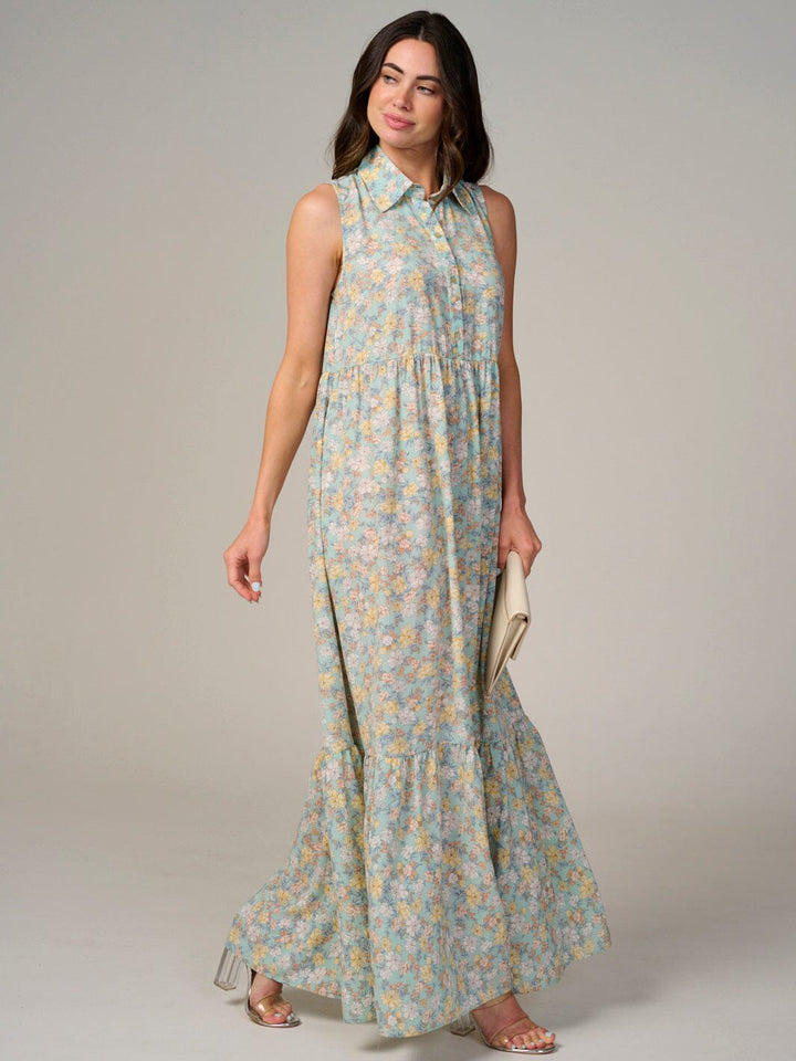 WOMEN'S SLEEVELESS BUTTON UP TIERED FLORAL MAXI DRESS