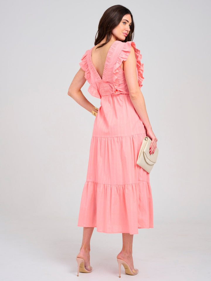 WOMEN'S SLEEVELESS V-NECK ADJUSTABLE WAIST POCKETS TIERED MAXI DRESS