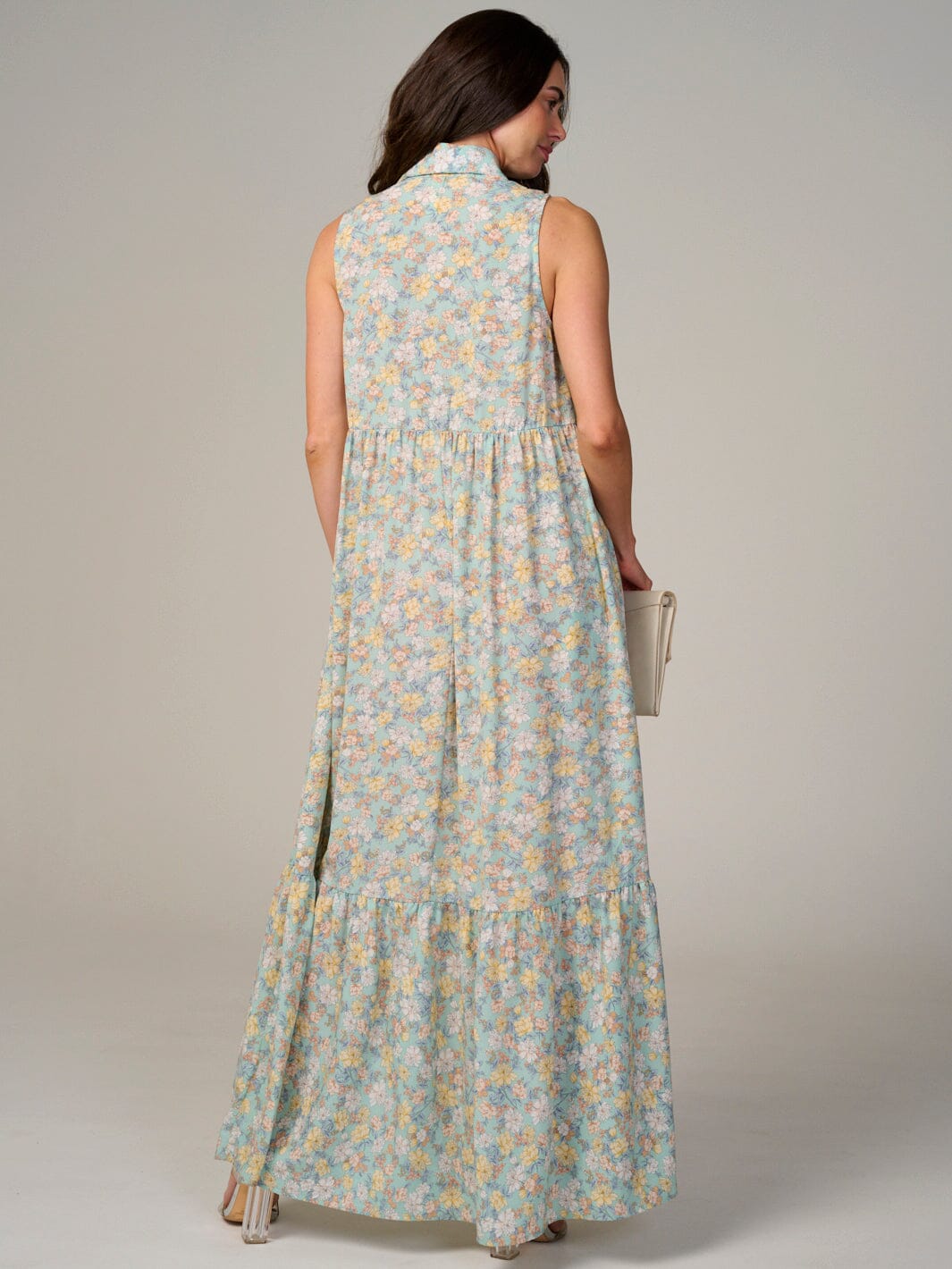 WOMEN'S SLEEVELESS BUTTON UP TIERED FLORAL MAXI DRESS