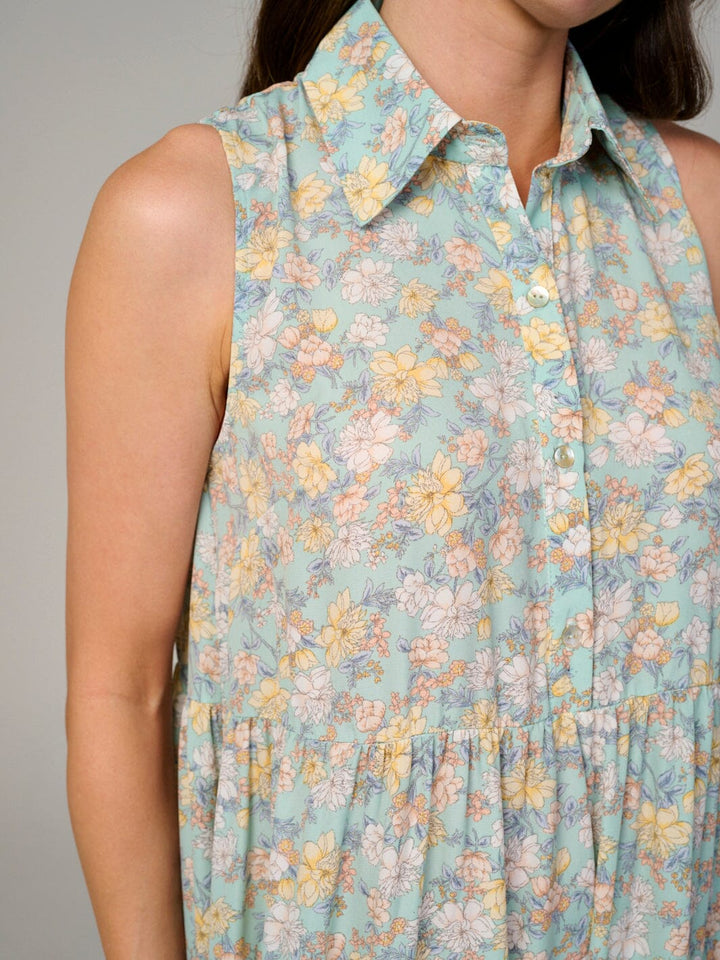 WOMEN'S SLEEVELESS BUTTON UP TIERED FLORAL MAXI DRESS