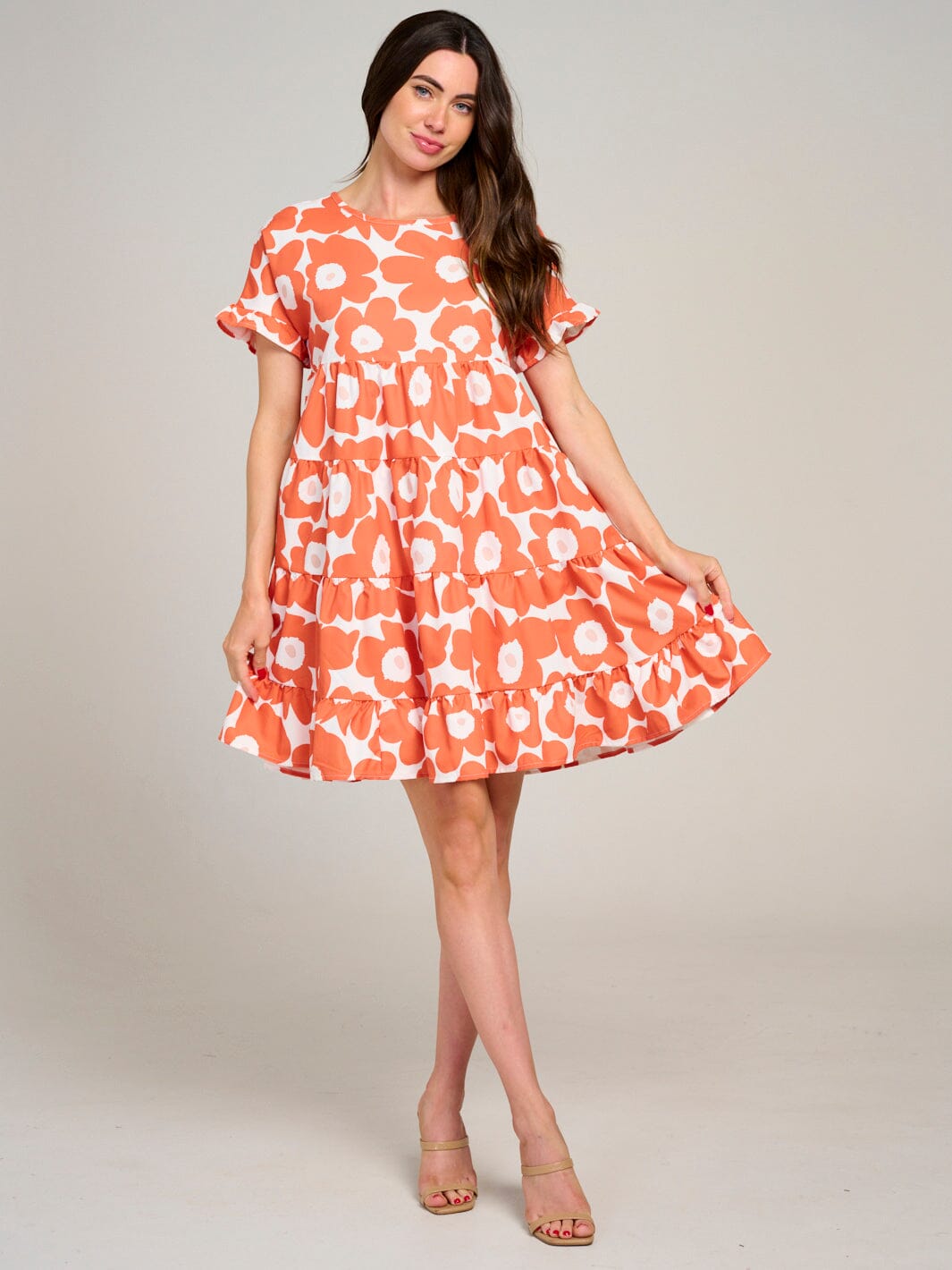 WOMEN'S SHORT SLEEVE TIERED LOOSE FIT FLORAL MINI DRESS