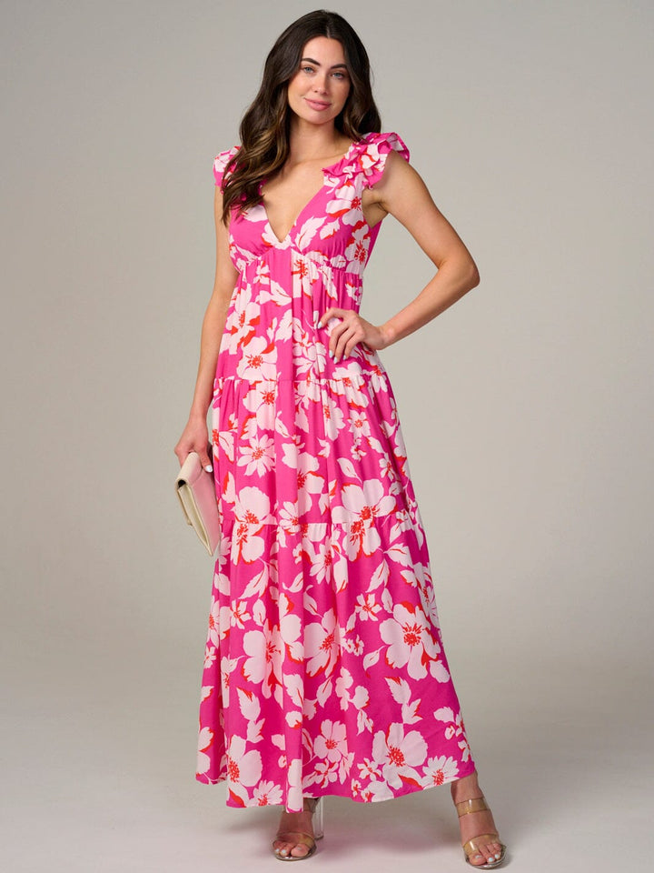 WOMEN'S SLEEVELESS V-NECK BACK TIE FLORAL MAXI DRESS