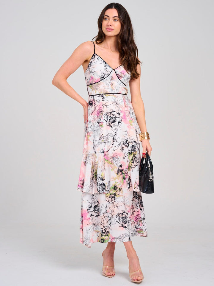 WOMEN'S SLEEVELESS V-NECK SMOCK FLORAL MAXI DRESS
