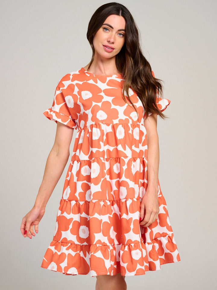 WOMEN'S SHORT SLEEVE TIERED LOOSE FIT FLORAL MINI DRESS