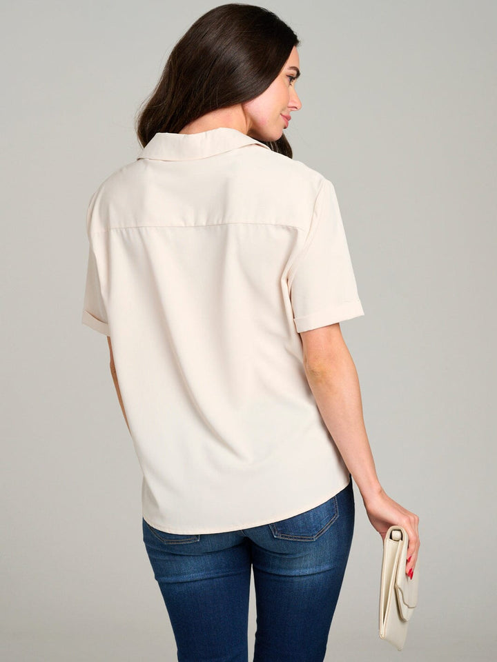 WOMEN'S SHORT SLEEVE BUTTON UP FRONT POCKET BLOUSE