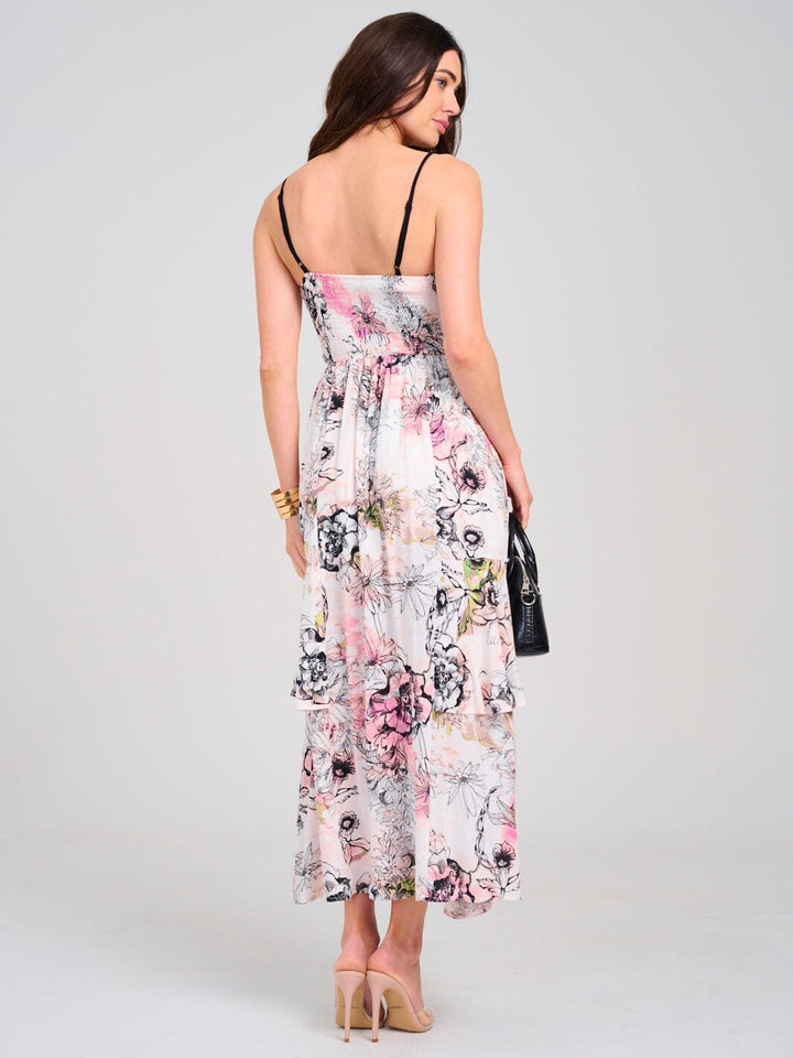 WOMEN'S SLEEVELESS V-NECK SMOCK FLORAL MAXI DRESS