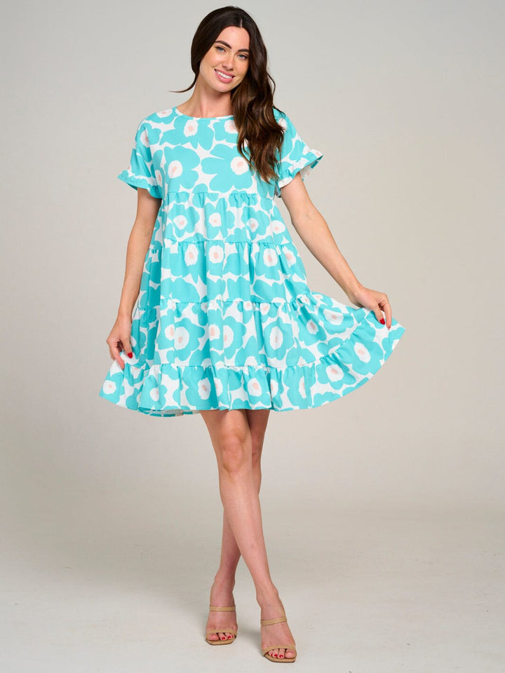 WOMEN'S SHORT SLEEVE TIERED LOOSE FIT FLORAL MINI DRESS