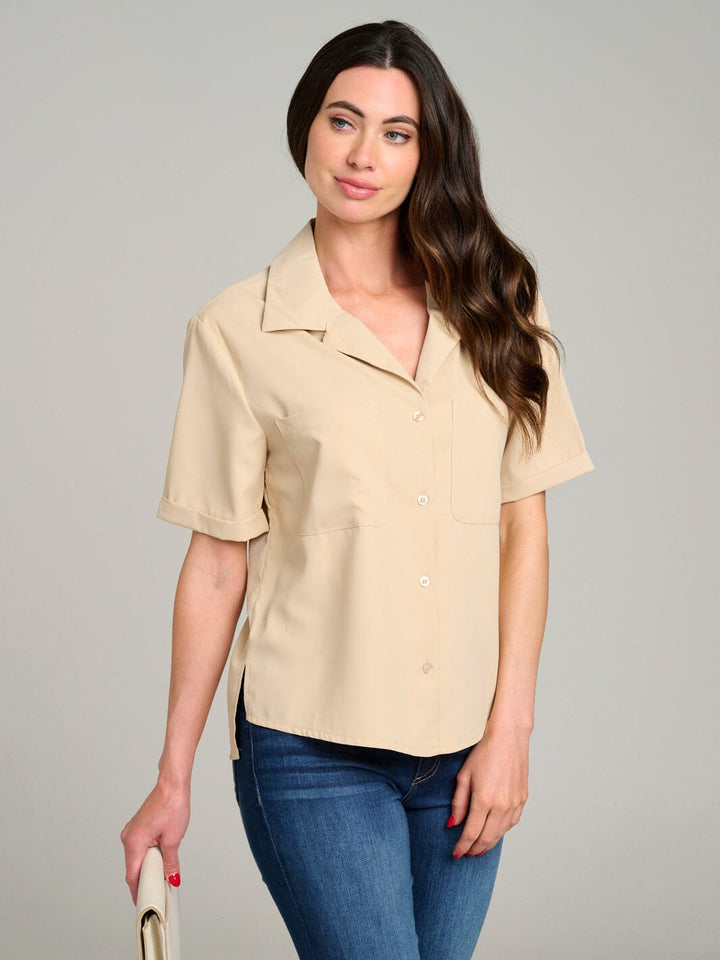 WOMEN'S SHORT SLEEVE BUTTON UP FRONT POCKET BLOUSE