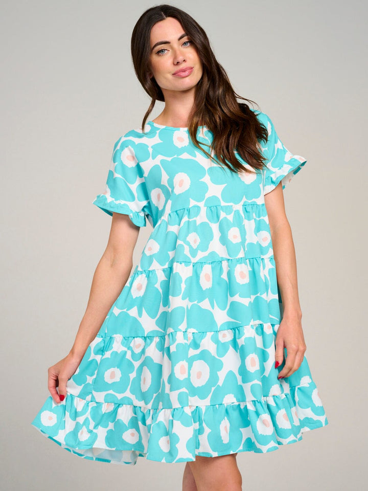 WOMEN'S SHORT SLEEVE TIERED LOOSE FIT FLORAL MINI DRESS