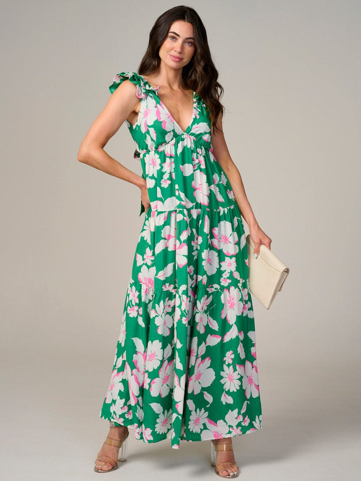 WOMEN'S SLEEVELESS V-NECK BACK TIE FLORAL MAXI DRESS
